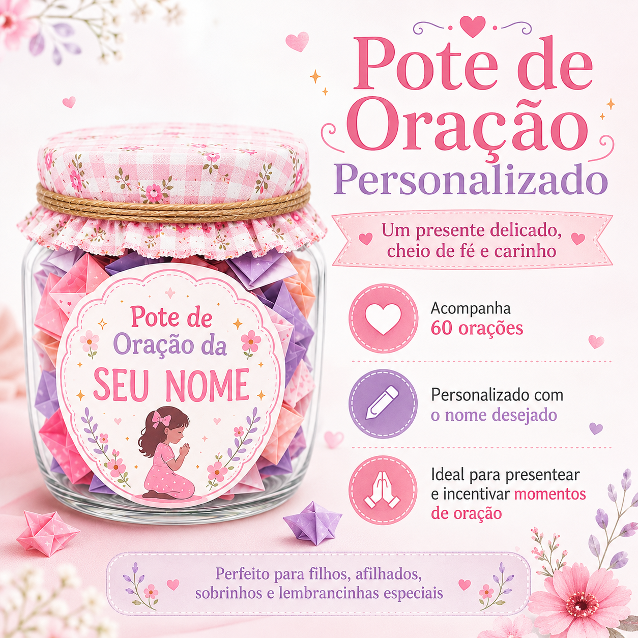POTE DE ORAÇÃO Infantil Personalizado Com 60 Orações Diárias Presente cheio de amor, fé e propósito - menina