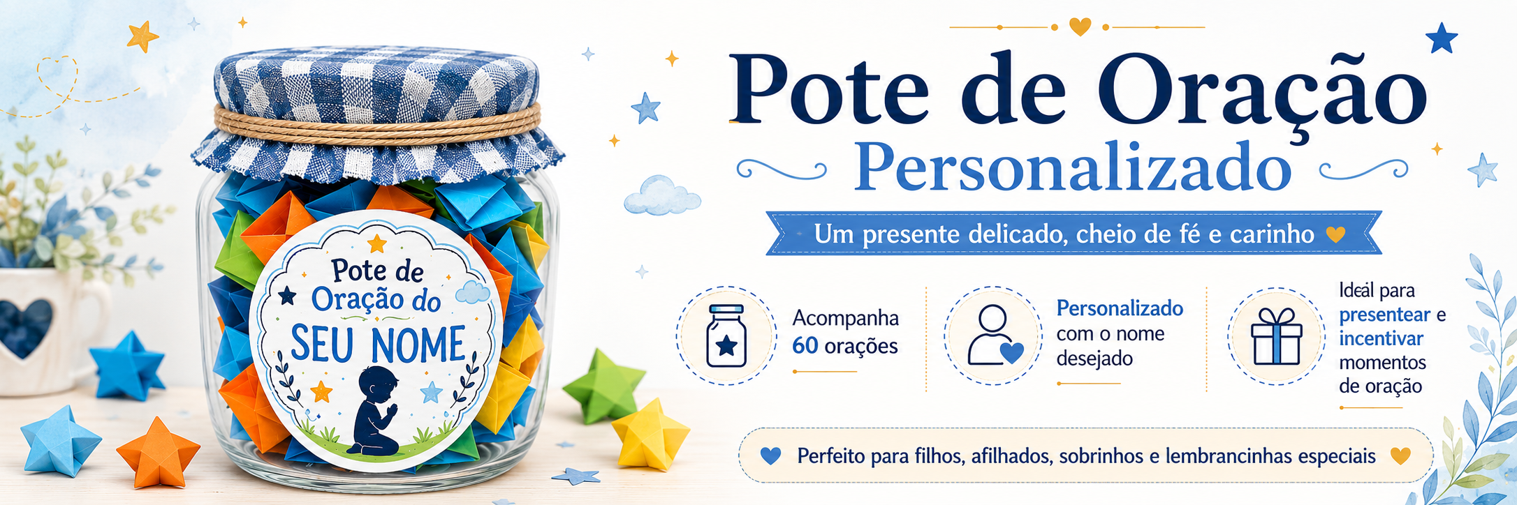 POTE DE ORAÇÃO Infantil Personalizado Com 60 Orações Diárias Presente cheio de amor, fé e propósito - menino