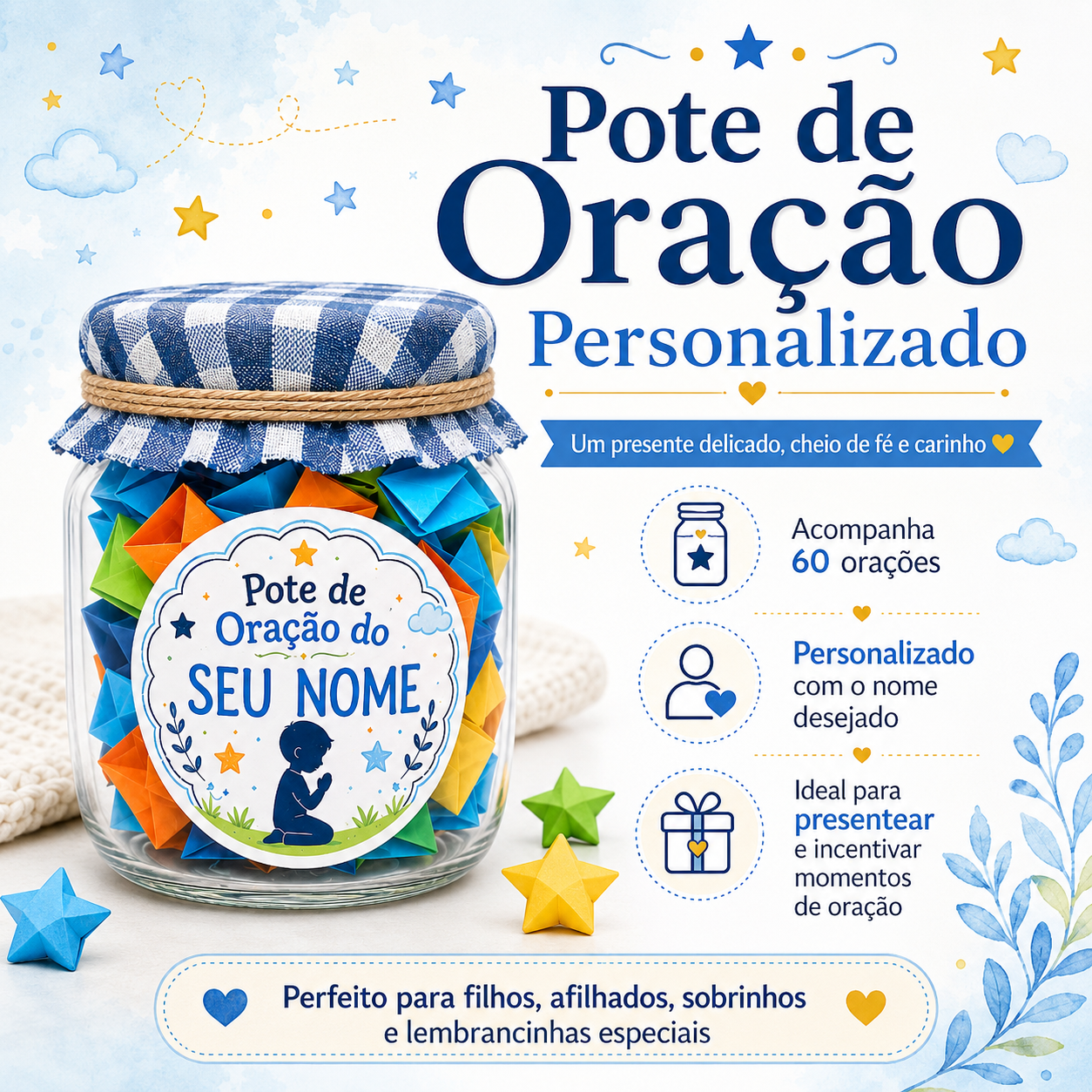 POTE DE ORAÇÃO Infantil Personalizado Com 60 Orações Diárias Presente cheio de amor, fé e propósito - menino