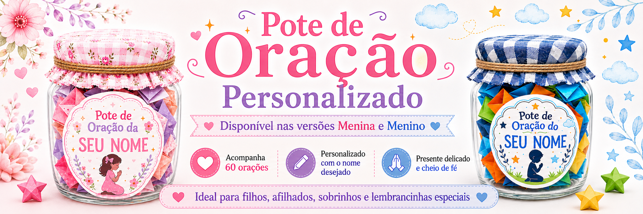 POTE DE ORAÇÃO Infantil Personalizado Com 60 Orações Diárias Presente cheio de amor, fé e propósito