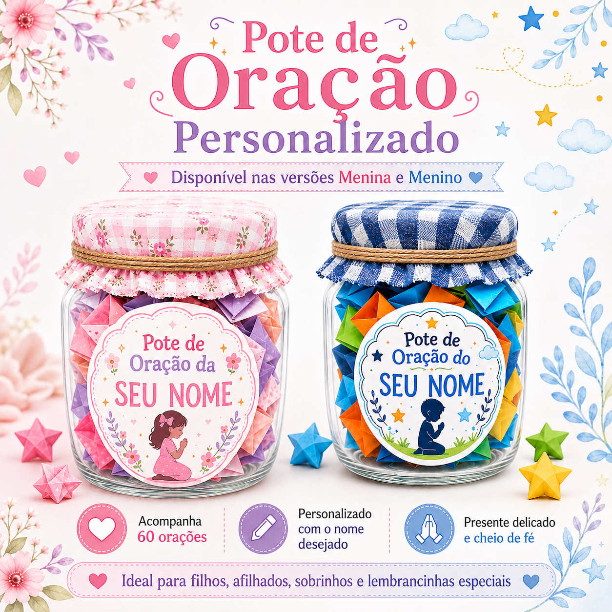 POTE DE ORAÇÃO Infantil Personalizado Com 60 Orações Diárias Presente cheio de amor, fé e propósito