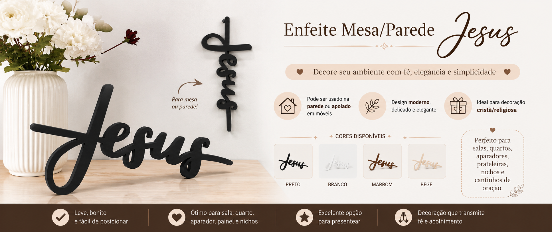 Letreiro Jesus Decorativo de Parede e Mesa — Enfeite Religioso para Sala, Quarto e Aparador