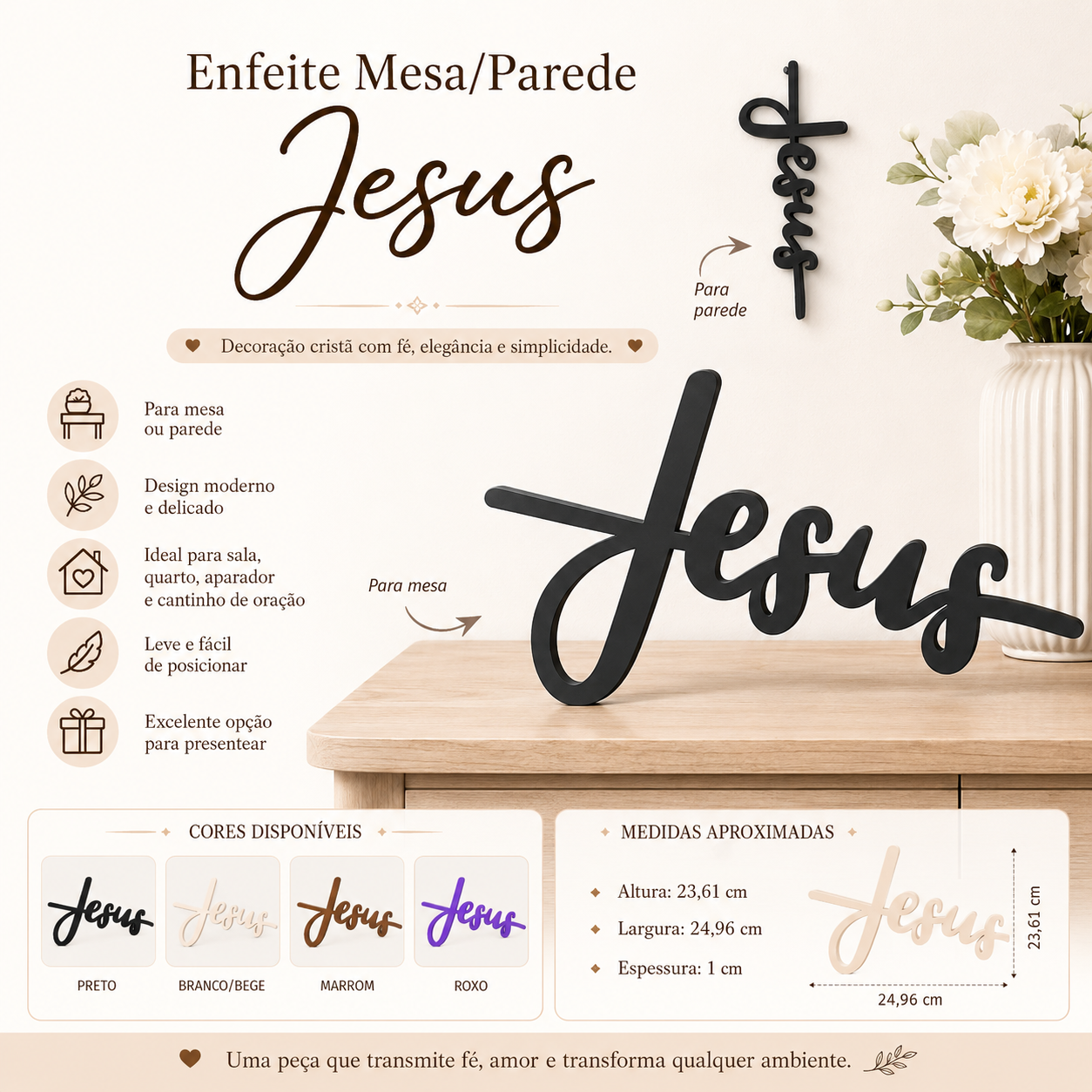 Letreiro Jesus Decorativo de Parede e Mesa — Enfeite Religioso para Sala, Quarto e Aparador