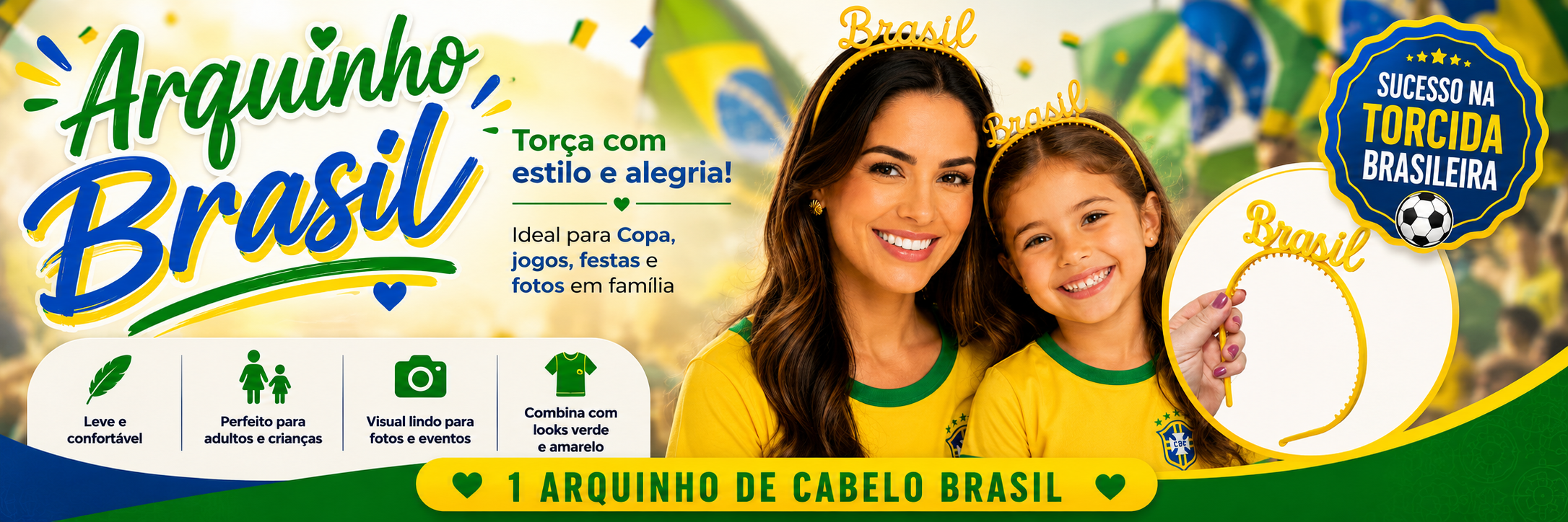 Arquinho Tiara Brasil Copa do Mundo Torcedor Infantil Adulto Amarelo Verde
