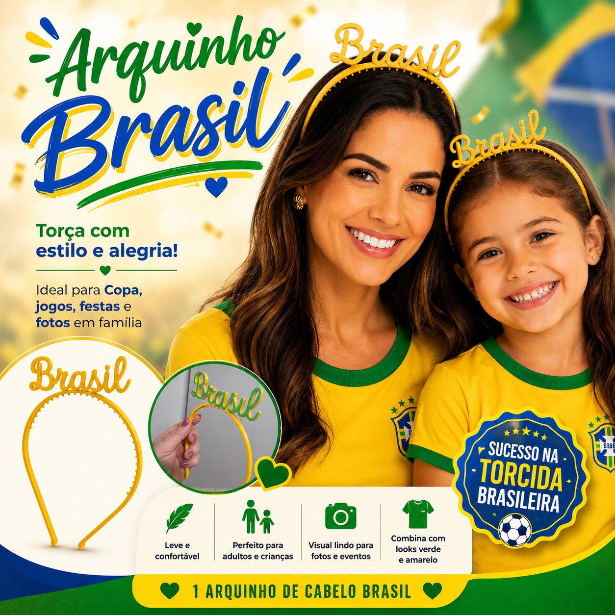 Arquinho Tiara Brasil Copa do Mundo Torcedor Infantil Adulto Amarelo Verde