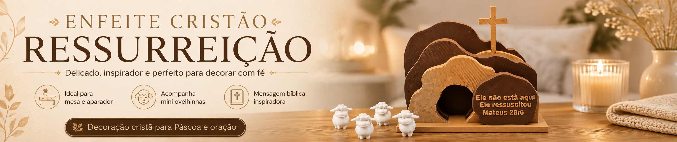 Kit Decorativo Túmulo Vazio Ressurreição + 4 Ovelhinhas | Enfeite Religioso para Mesa, Aparador