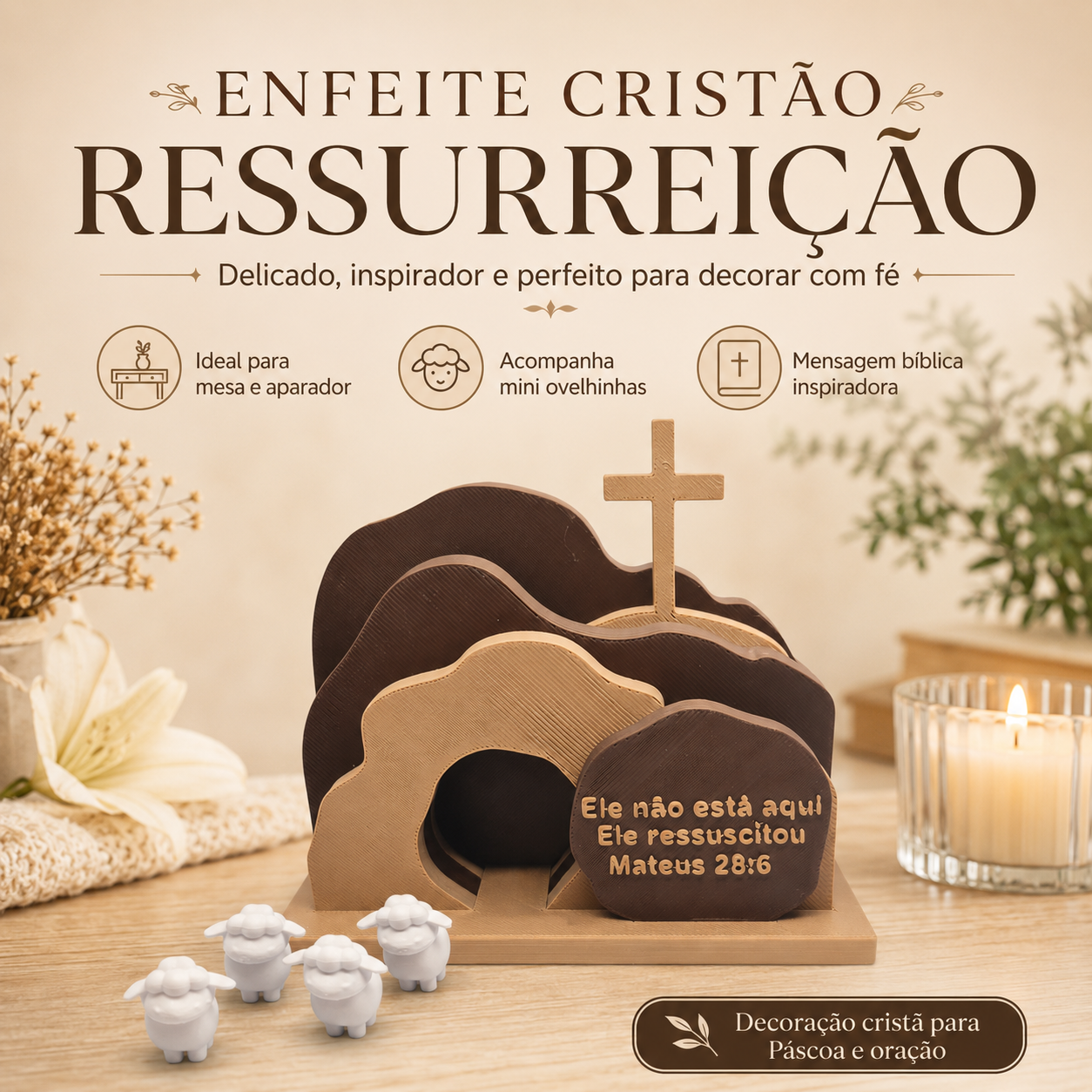 Kit Decorativo Túmulo Vazio Ressurreição + 4 Ovelhinhas | Enfeite Religioso para Mesa, Aparador
